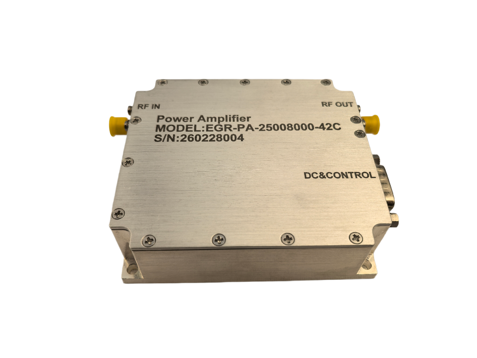 Dimension marked photo of SW-PA-25008000-42C power amplifier